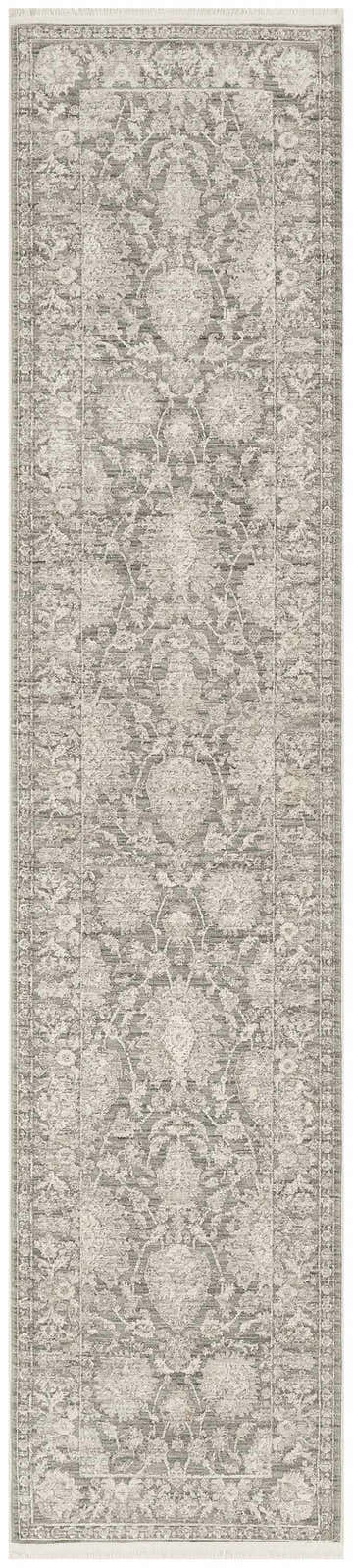 Close-up of Nourison Shadows Sage Ivory Vintage Indoor Area Rug, featuring a distressed floral pattern and soft sage and ivory tones.