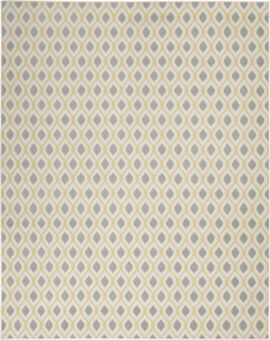Close-up of the Nourison Grafix White Contemporary Indoor Area Rug with a geometric diamond pattern in off-white, gray, and soft yellow.