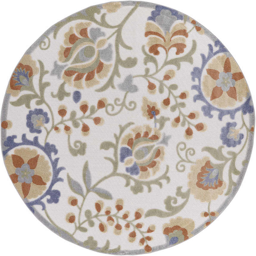 Close-up of round Nourison Aloha Ivory Blue Outdoor Area Rug with chestnut, blue, and green floral pattern.