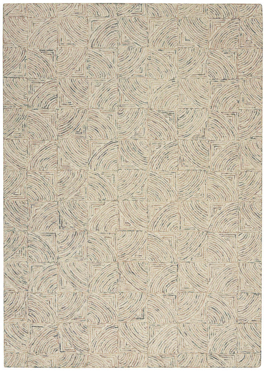 Close-up of Nourison Interlock Ivory Multicolor rug. Features an abstract geometric pattern with chestnut, ivory, and blue hues.