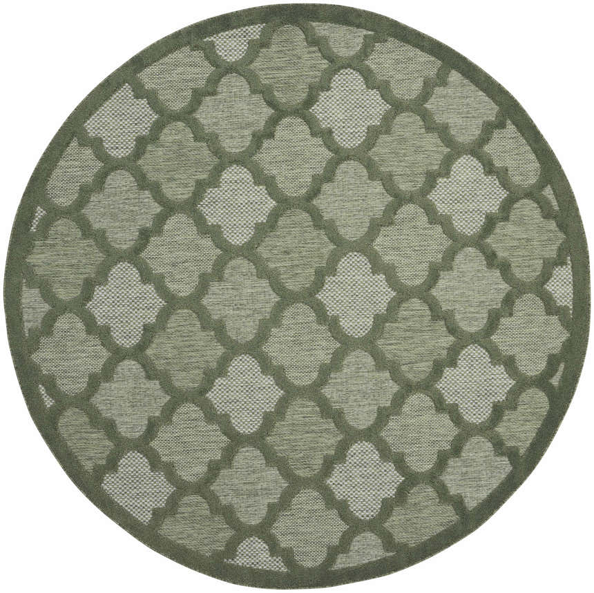 Close-up of a round Nourison Easy Care Green Modern Area Rug with a quatrefoil pattern.
