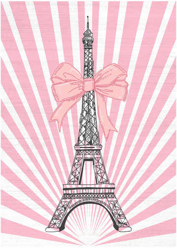 Nourison Imagination Pink Kids Rug with Eiffel Tower and bow design on a pink and white striped background.
