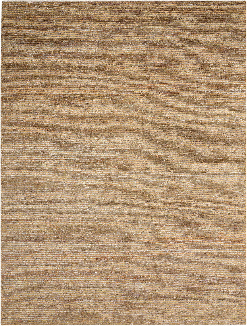Close-up of the Fossil Calvin Klein Mesa Rug. Features a textured, horizontal striped pattern in neutral beige and tan tones.