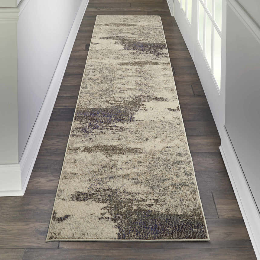 Hallway with Nourison Celestial Ivory Grey rug runner on dark wood floor.