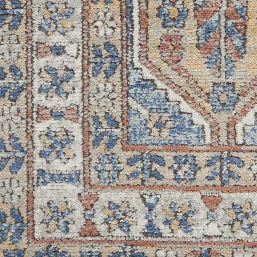 Close-up of the Nourison Quarry Blue Multicolor rug. Contemporary design with blue, cream, and terracotta tones. Soft texture.