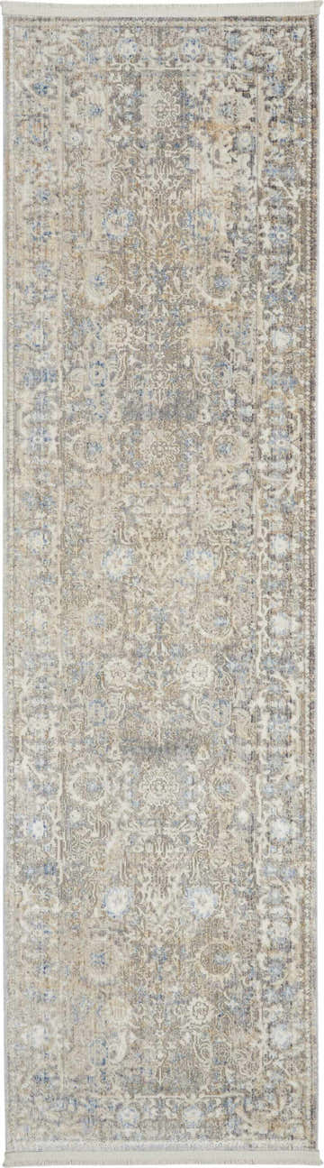 Close-up of Nourison Lustrous Weave Ivory Blue Vintage Area Rug, showing chestnut, blue, and ivory floral pattern.