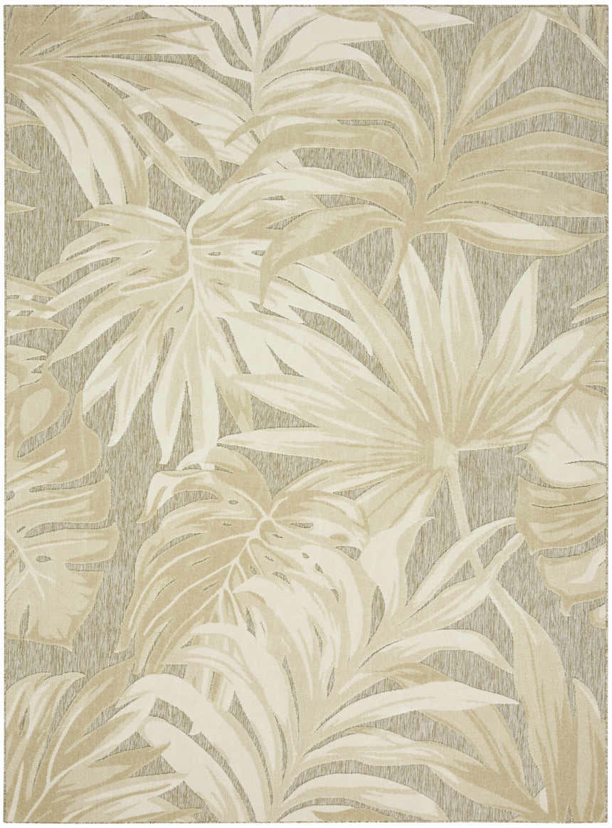 Close-up of the Nourison Aloha Ivory Sage Area Rug featuring a chestnut-colored tropical leaf pattern.