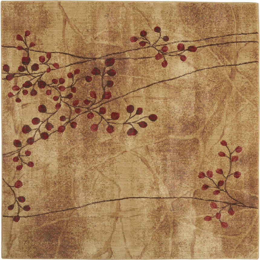 Close-up of the Nourison Somerset Latte Rustic Indoor Area Rug featuring a branch and leaf pattern in latte and red hues.