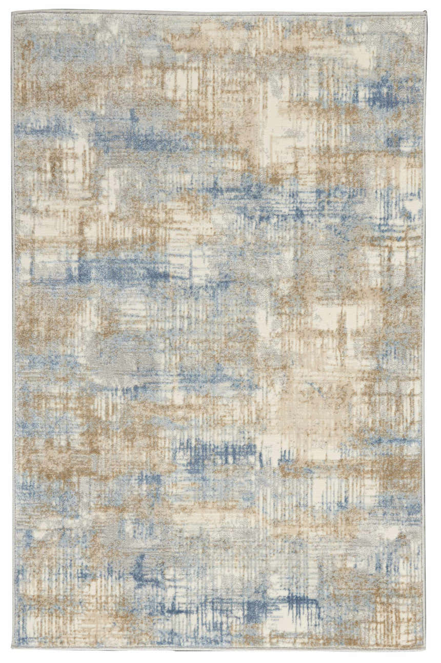Close-up of Calvin Klein CK950 Rush Blue Beige rug. Abstract design with blue, beige, and cream hues. High pile texture.