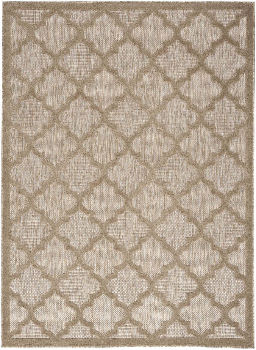 Close-up of Nourison Easy Care Natural Beige Area Rug, featuring a geometric quatrefoil pattern and textured weave.