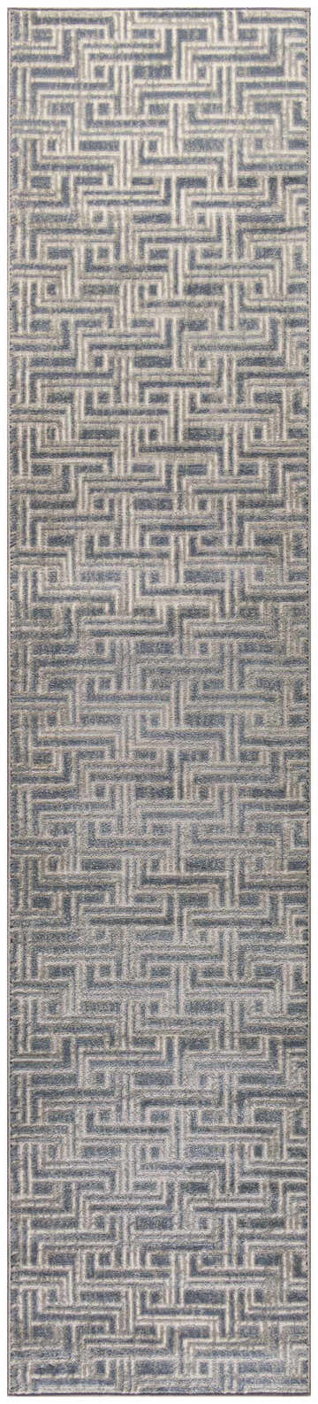 Close-up of Nourison Serenity Home Blue Ivory rug featuring a modern geometric maze pattern and high pile texture.