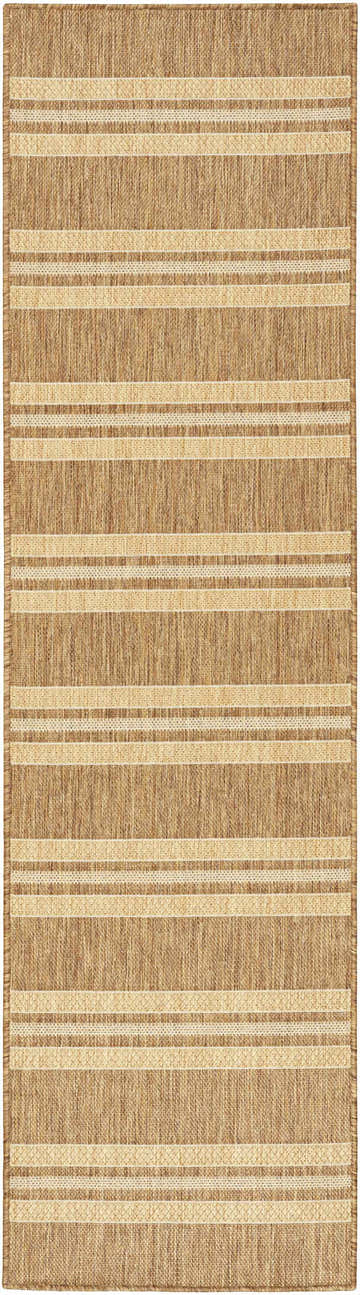 Close-up of the Nourison Horizon rug. Natural, brick red, and cream stripes create a modern, textured design.