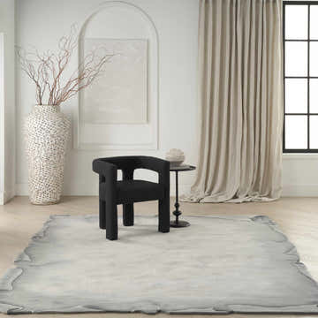 Modern living room with a Nourison Limited Edition Grey Area Rug, black chair, and neutral decor.
