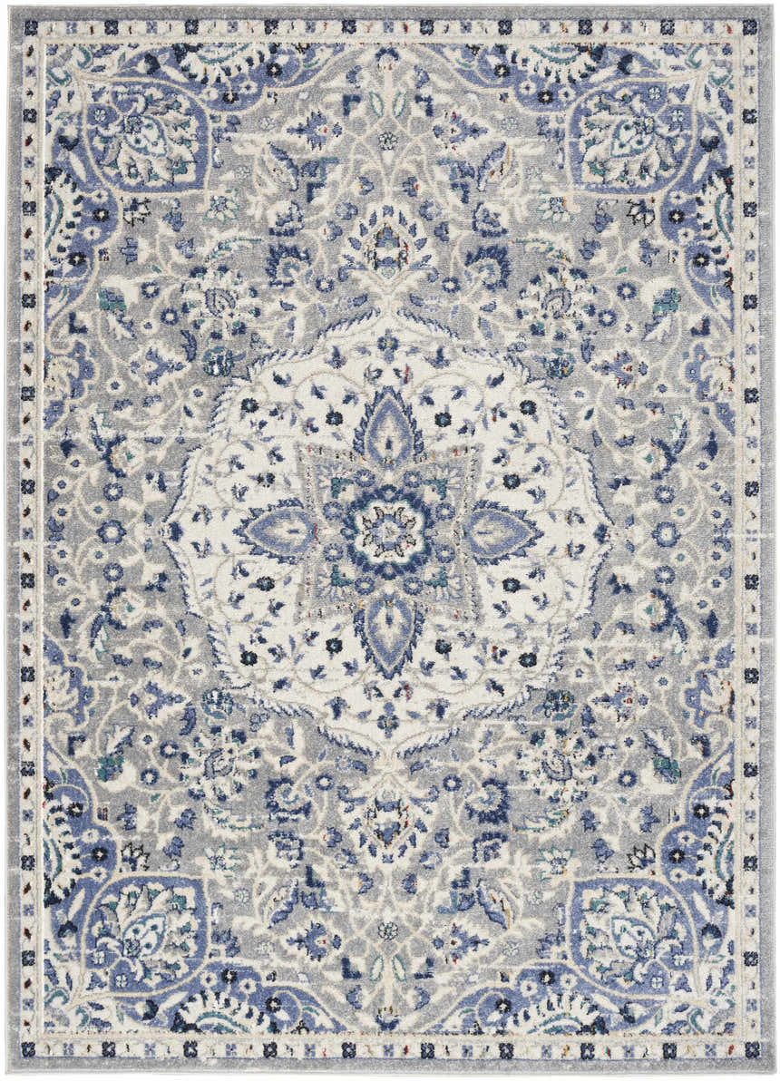 Close-up of Nourison Passion Grey Beige rug. Transitional style with floral pattern in gray, beige, and blue tones.