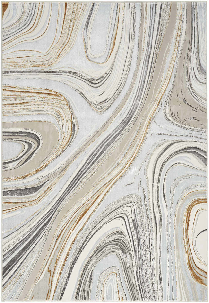 Close-up of the Nourison Glitz Grey Gold rug, featuring a swirling marble-like pattern in gray, gold, and beige tones.