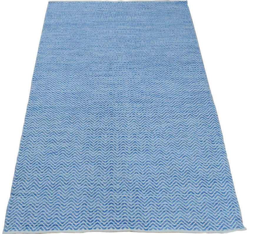 Blue Chevron Pattern Dhurrie Wool Area Rug