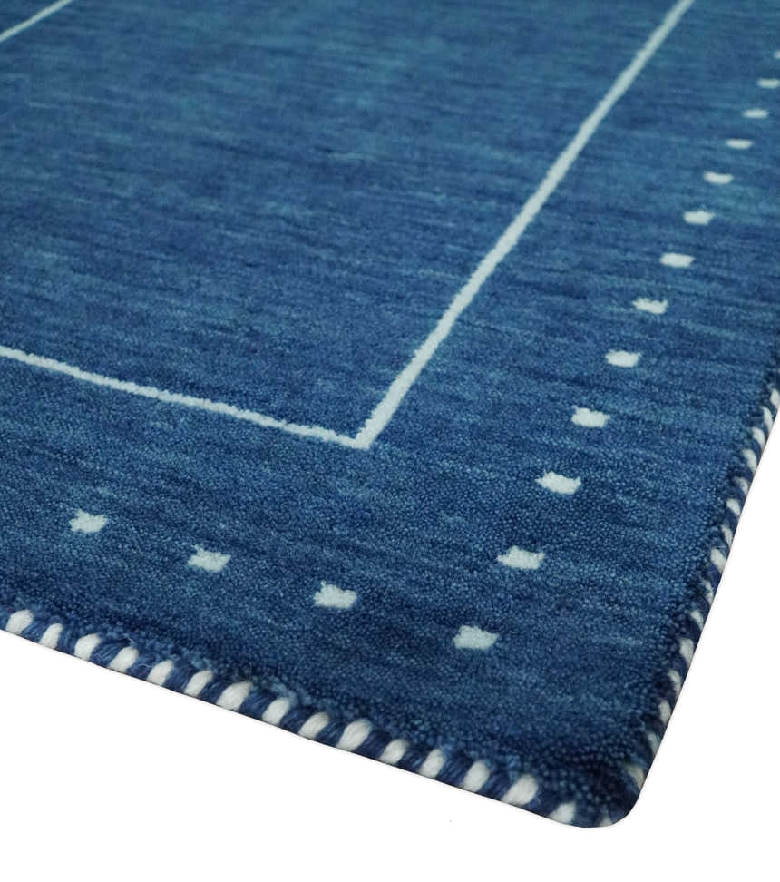 Modern Solid Plane Blue Hand Loomed Southwestern Custom Made wool Area Rug
