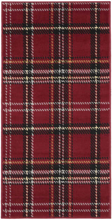 Close-up of the Nourison Grafix Red Rustic Area Rug featuring a plaid pattern in red, black, white, and gold.