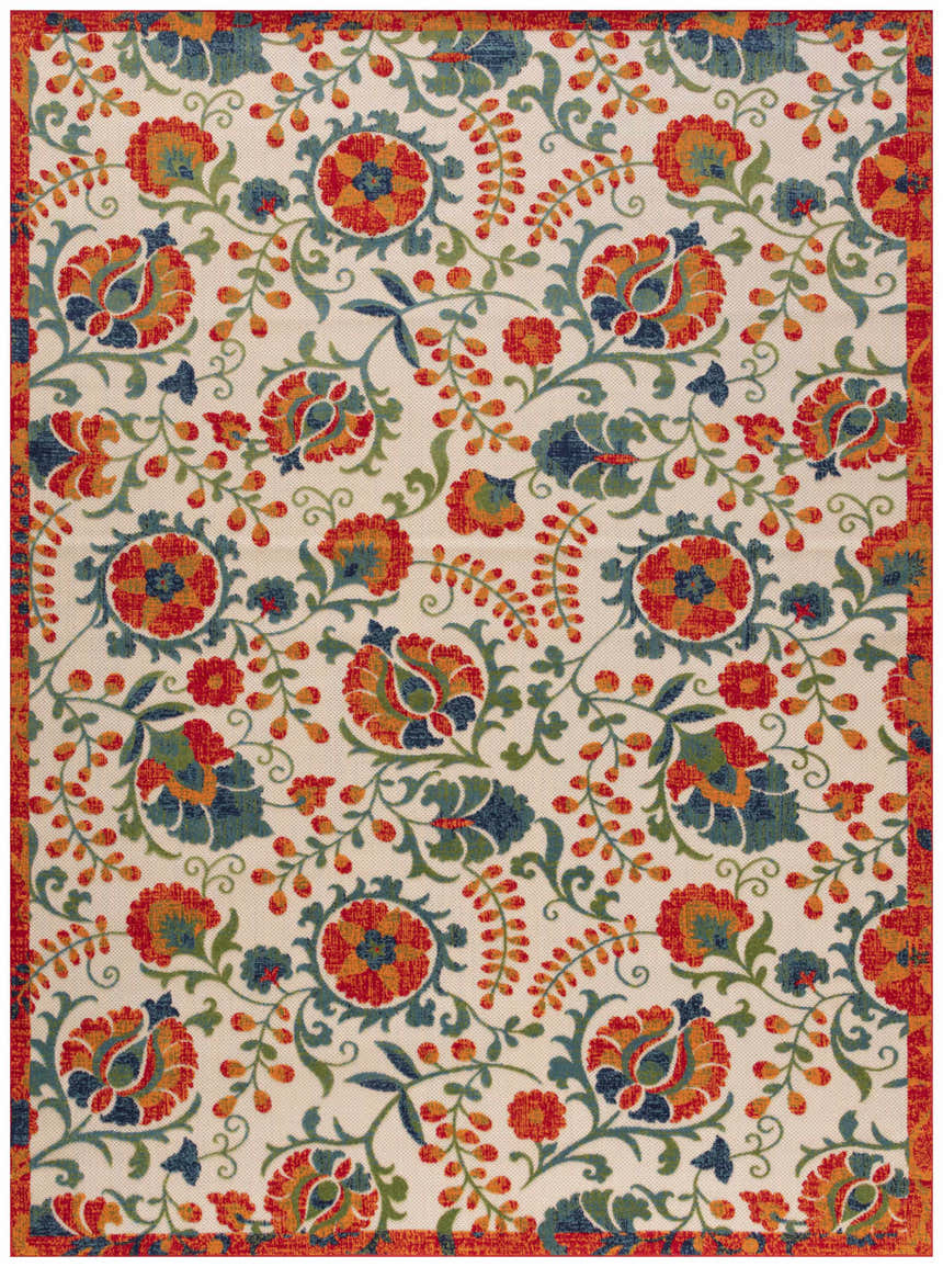 Close-up of Nourison Aloha Red Multicolor Farmhouse Area Rug with floral and vine pattern in red, blue, green, and orange on a cream background.