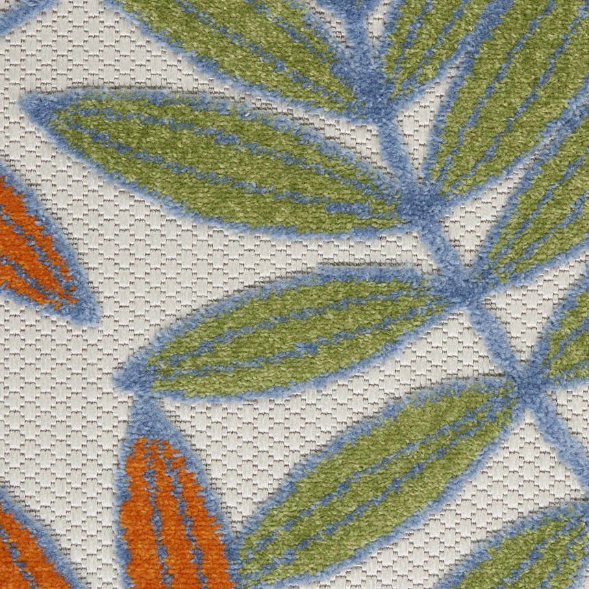 Close-up of the Nourison Aloha Ivory Multicolor Tropical Area Rug featuring a detailed leaf pattern in green, blue, and orange.
