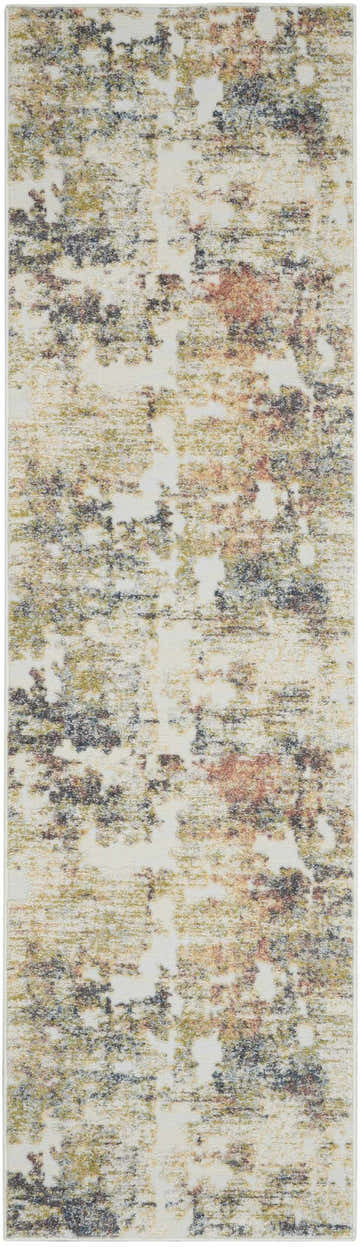 Close-up of Nourison Trance Ivory Multicolor rug, featuring chestnut, gold, and navy hues in a modern abstract pattern.