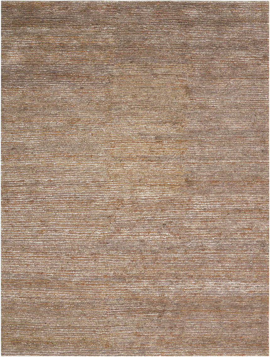 Close-up of the Calvin Klein Mesa Amber rug, showing its textured, mustard-toned, mid-century modern design.