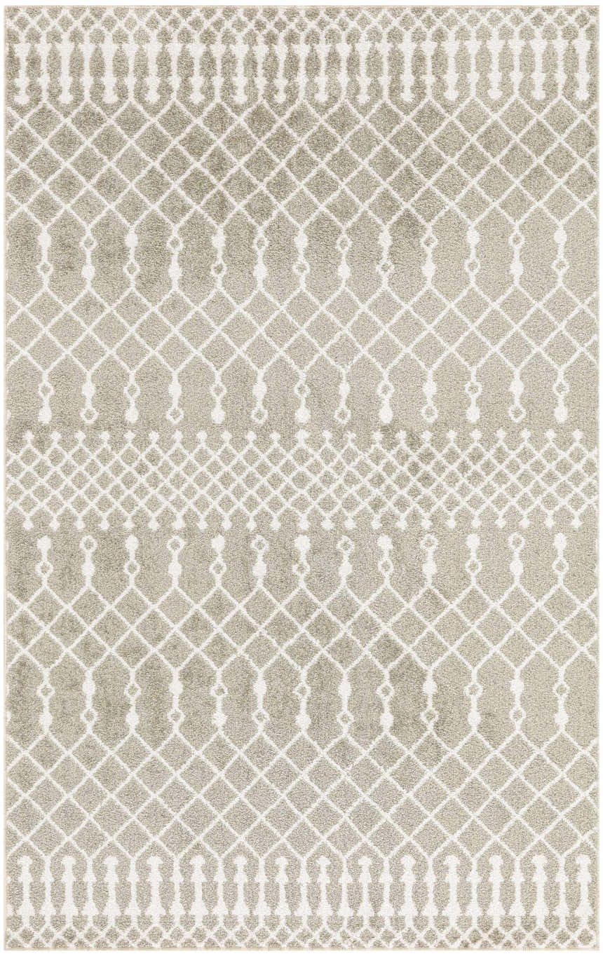 Close-up of Nourison Astra Sage Bohemian Rug. Muted sage rug with a geometric diamond and line pattern. Washable area rug.