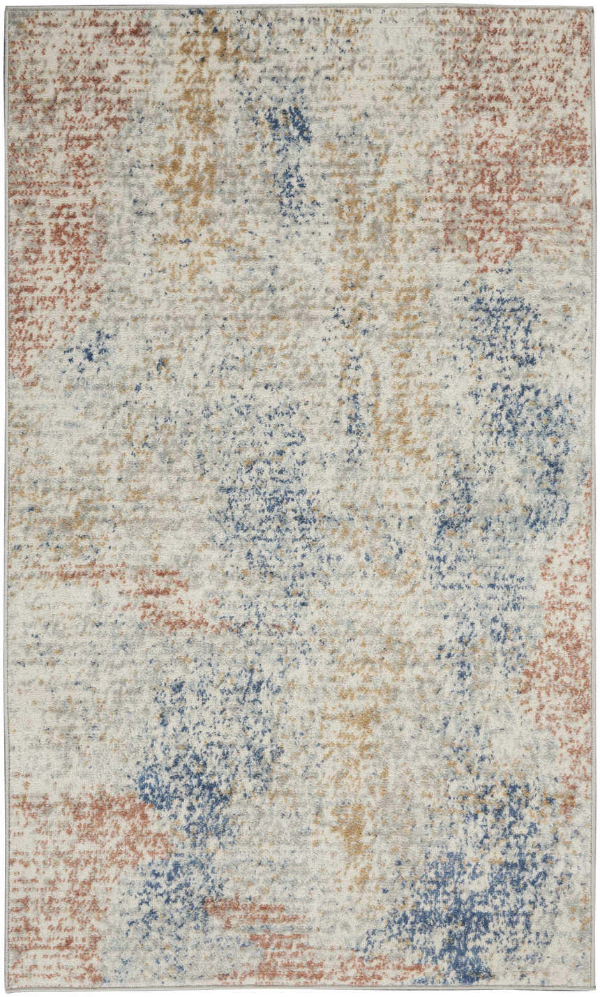 Close-up of Nourison Quarry Ivory Multicolor rug. Contemporary style with chestnut, blue, and gold abstract pattern.