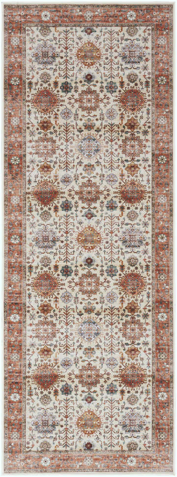 Close-up of Nourison Fulton Beige Multicolor Vintage Area Rug, featuring a detailed geometric pattern and distressed texture.