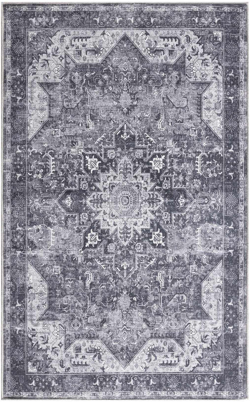 Detailed charcoal grey Nourison Vintage rug with taupe accents and distressed, ornate medallion pattern.