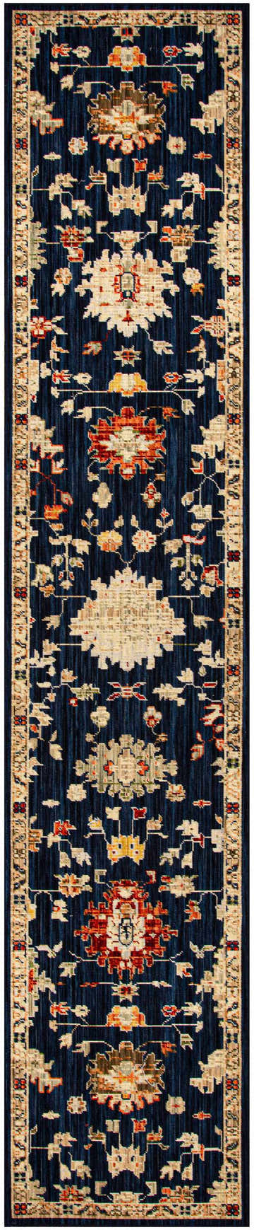 Close-up of the Nourison Antique Bloom Navy vintage runner rug, featuring a floral pattern and beige border.
