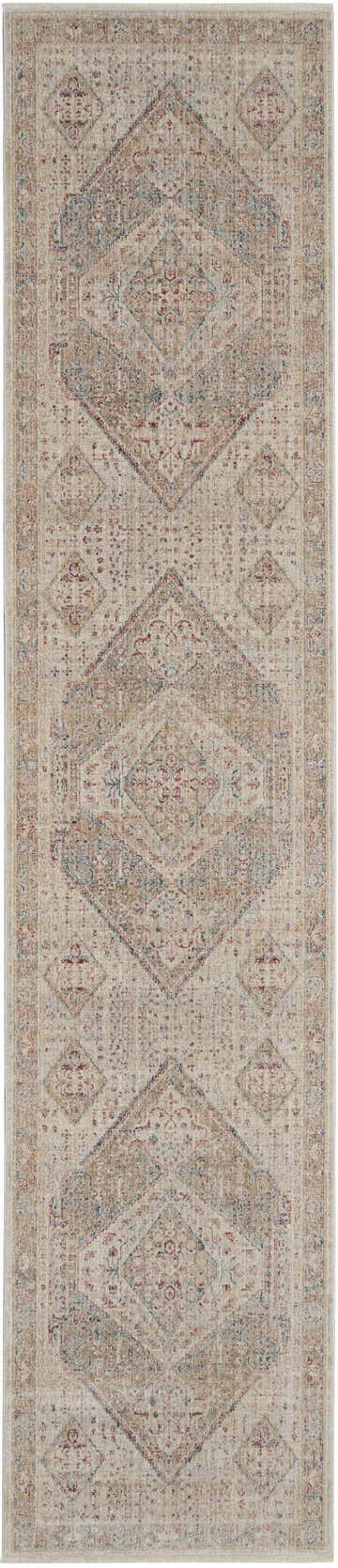 Close-up of the Nourison Homestead Beige Grey Vintage Indoor Area Rug, featuring a distressed diamond pattern and soft neutral tones.