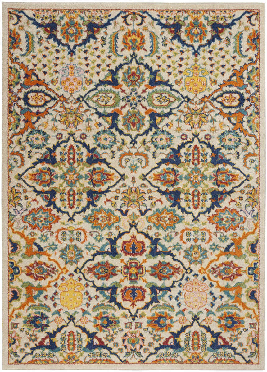Detailed view of the Nourison Allur Ivory Multicolor Bohemian Area Rug, showcasing its floral, chestnut, orange, and blue pattern.