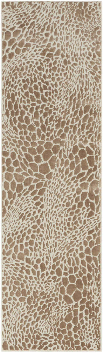 Close-up of the Nourison Desire Camel Silver Rug. Abstract camel and silver pattern. Mid-century modern style.