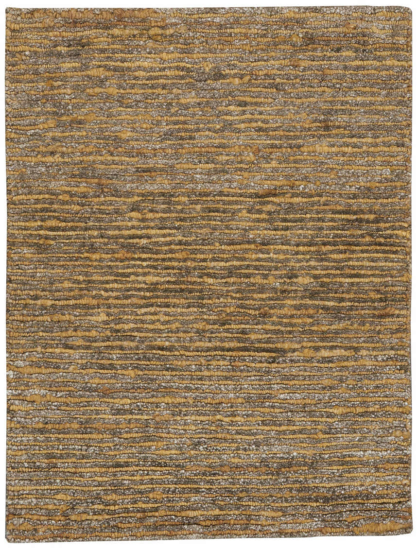 Close-up of Calvin Klein Mesa Fossil rug. Modern design with textured stripes in fossil, beige, and gray tones.
