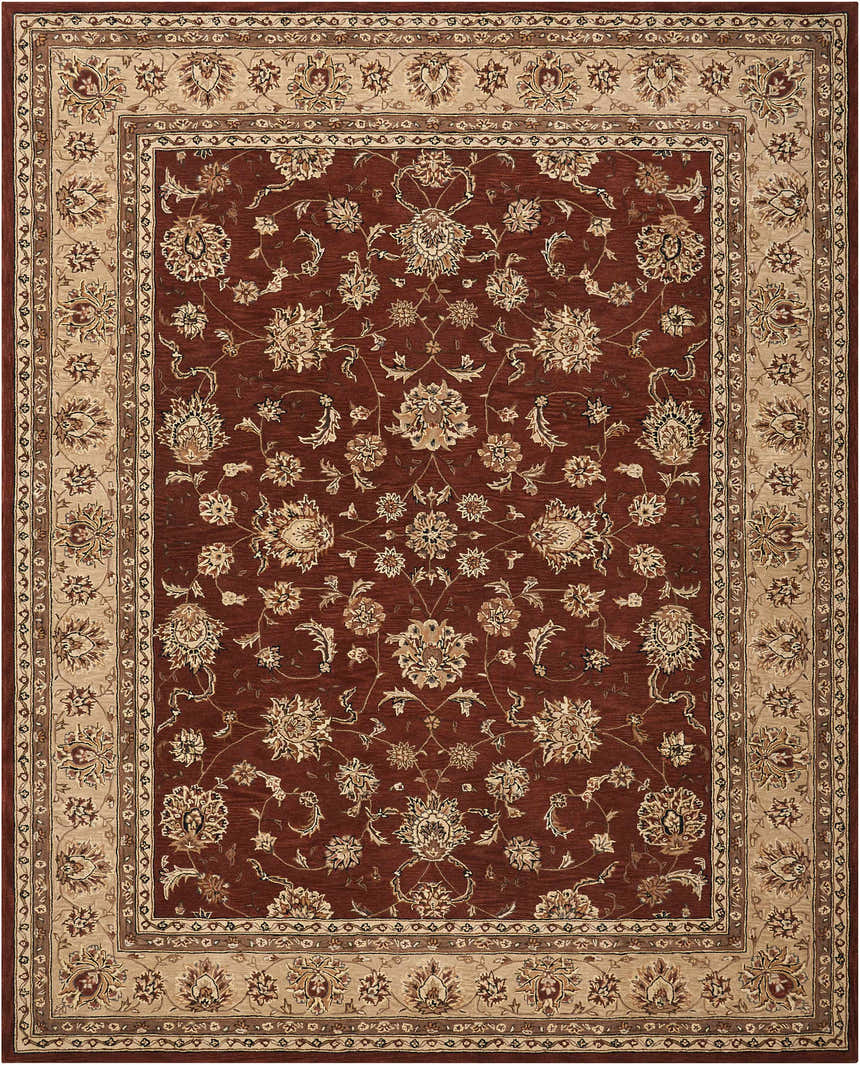 Close-up of the Nourison 2000 Brick Persian Area Rug. The rug has a brick red field and beige floral pattern and borders.