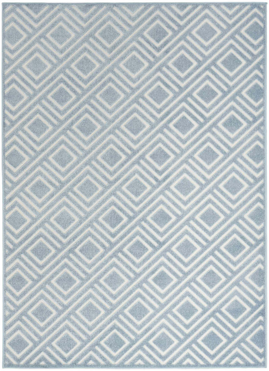 Close-up of Nourison Care Free Blue Modern Indoor Area Rug with a geometric diamond pattern.