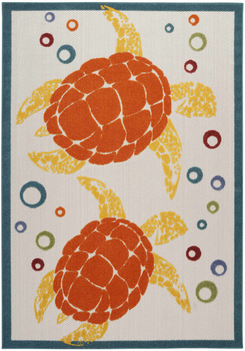 Nourison Aloha Teal Multicolor rug with orange turtles and colorful bubbles on a light neutral background. Coastal style.