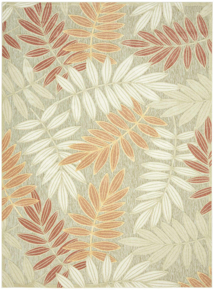 Close-up of Nourison Aloha Sage Rose Area Rug featuring a leafy sage, rose, and cream mid-century modern pattern.