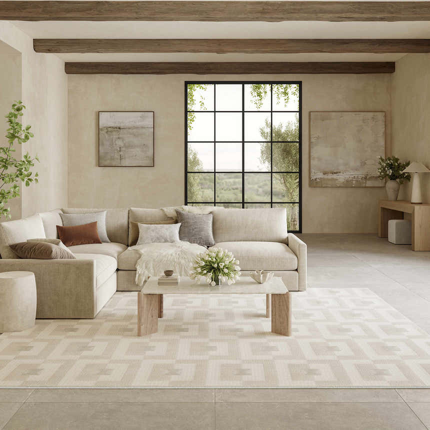 Living room scene with a Nourison Nordic Ivory Beige rug, sectional sofa, and natural light.
