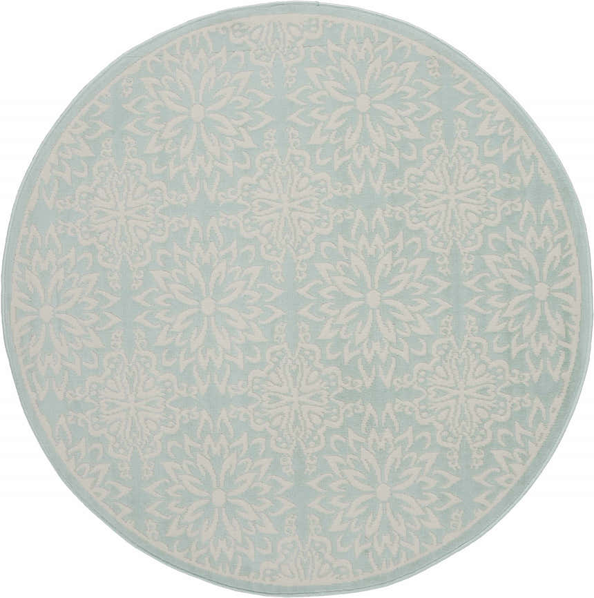 Round Nourison Jubilant Ivory Green rug with a farmhouse floral medallion pattern in light blue and white.