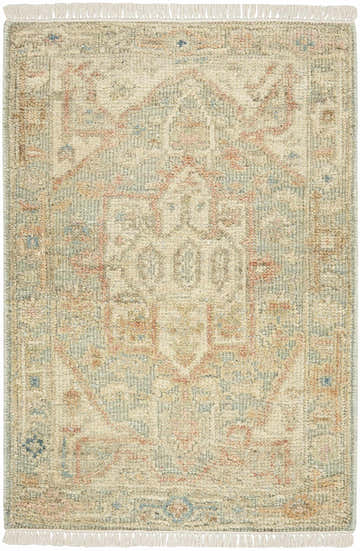 Close-up of the handmade Nourison Heritage Vine Light Blue vintage wool rug, showing its texture and pattern.