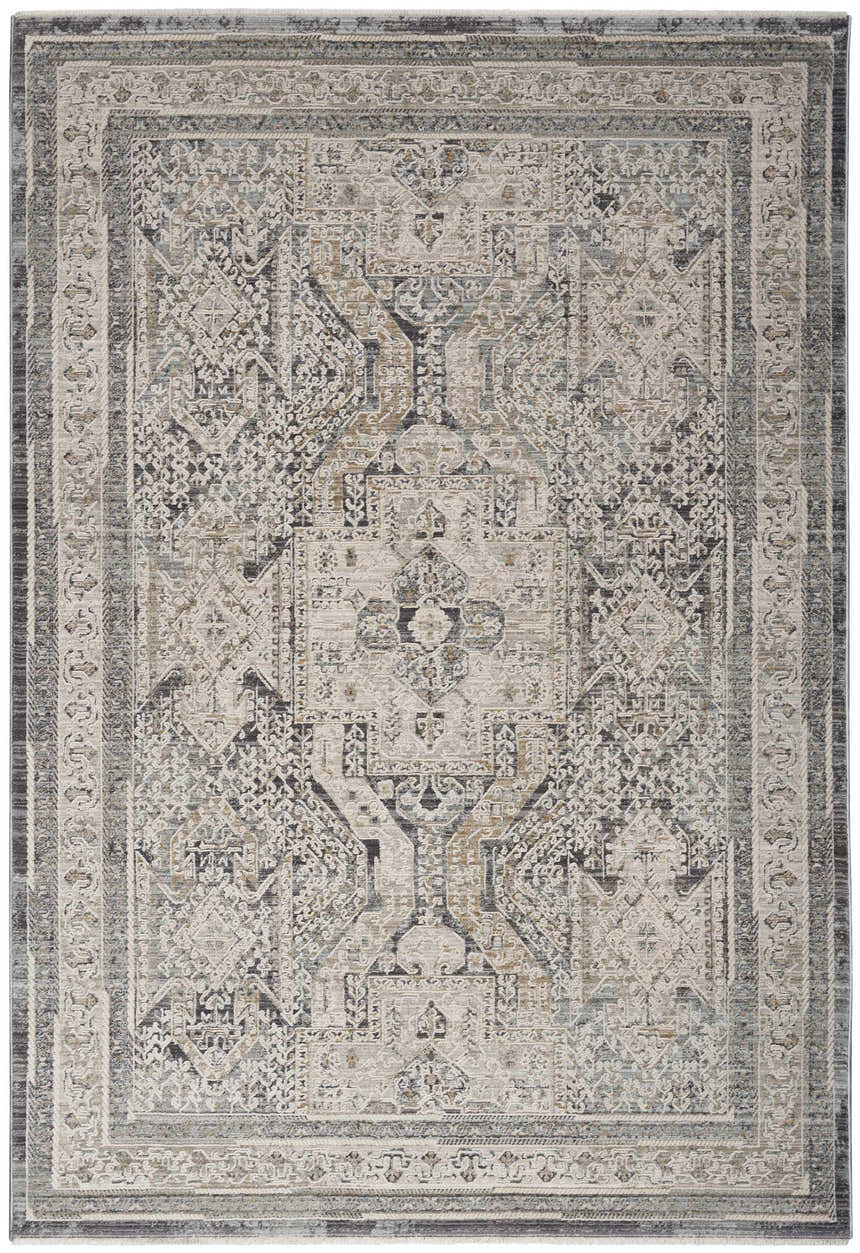 Close-up of Nourison Lynx Ivory Charcoal Vintage Indoor Area Rug. Features a traditional, ornate pattern in taupe and charcoal.