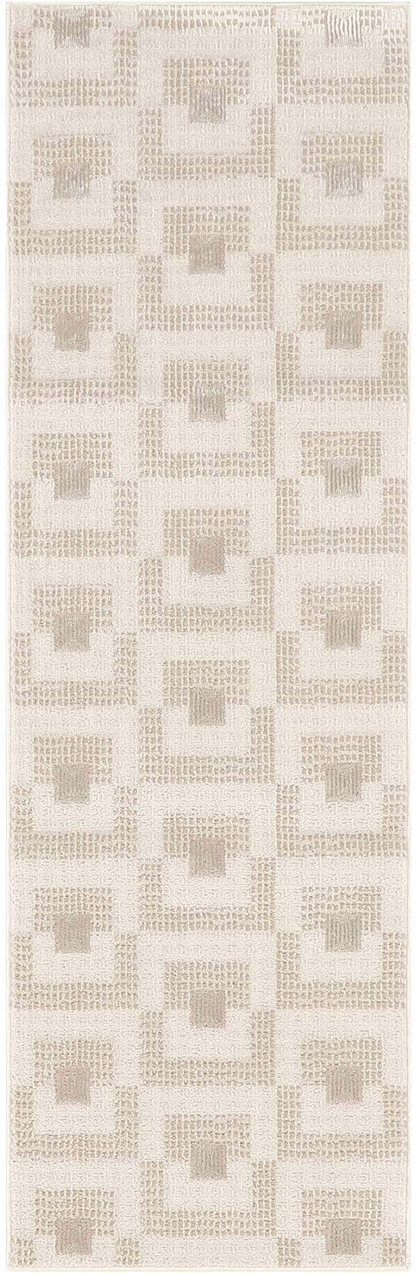 Close-up of Nourison Nordic Ivory Beige rug featuring a geometric square pattern and textured pile.