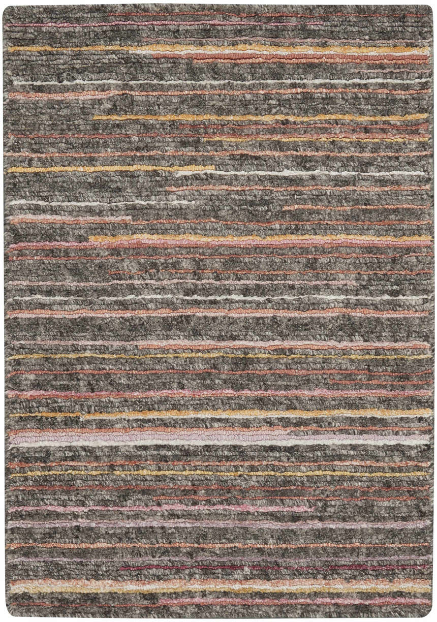 Close-up of the Nourison Plateau Grey Flame rug. Wool rug with horizontal stripes in gray, pink, yellow, and white.