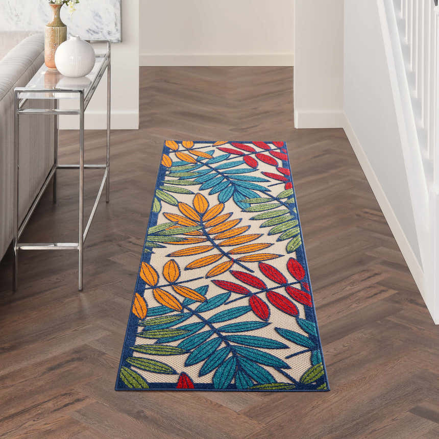 Hallway with Nourison Aloha Multicolor Tropical Area Rug runner, leaf pattern in red, teal, orange, and green.