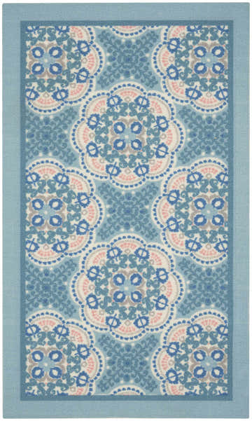 Close-up of Waverly Sun N' Shade Blue Bohemian Area Rug. Features a light blue, pink, and gray floral medallion pattern.