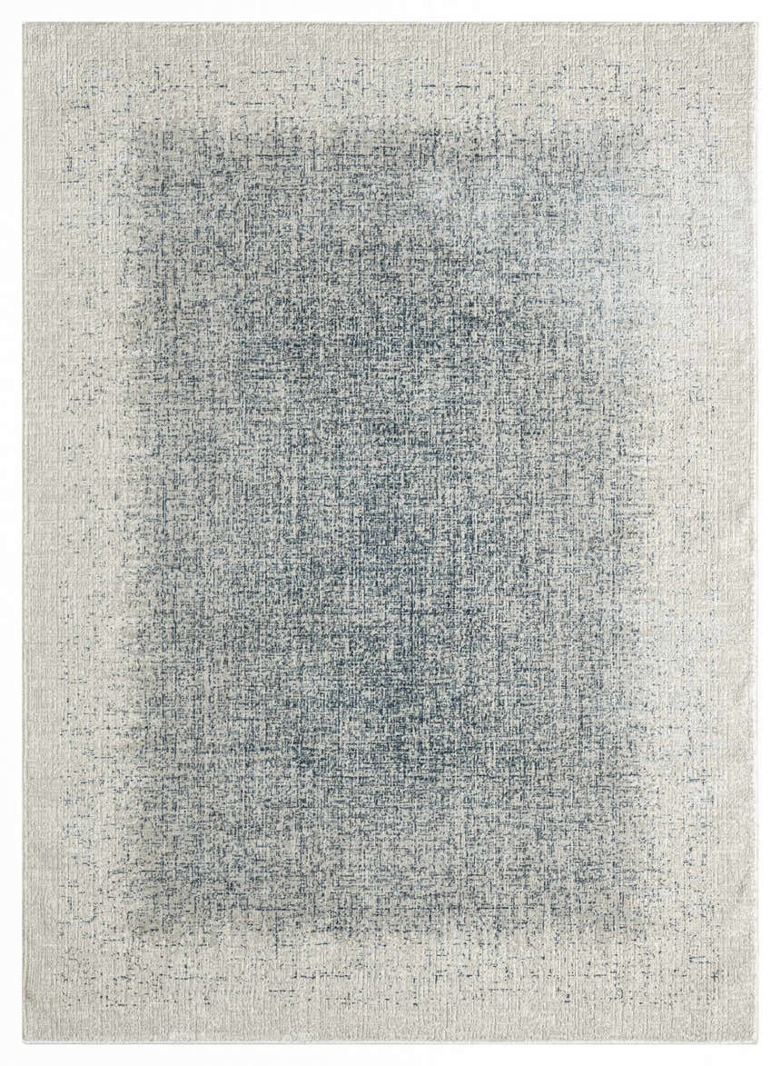 Close-up of the DKNY Grand Street Ivory Blue rug. Modern design with a subtle chestnut color and textured pile.
