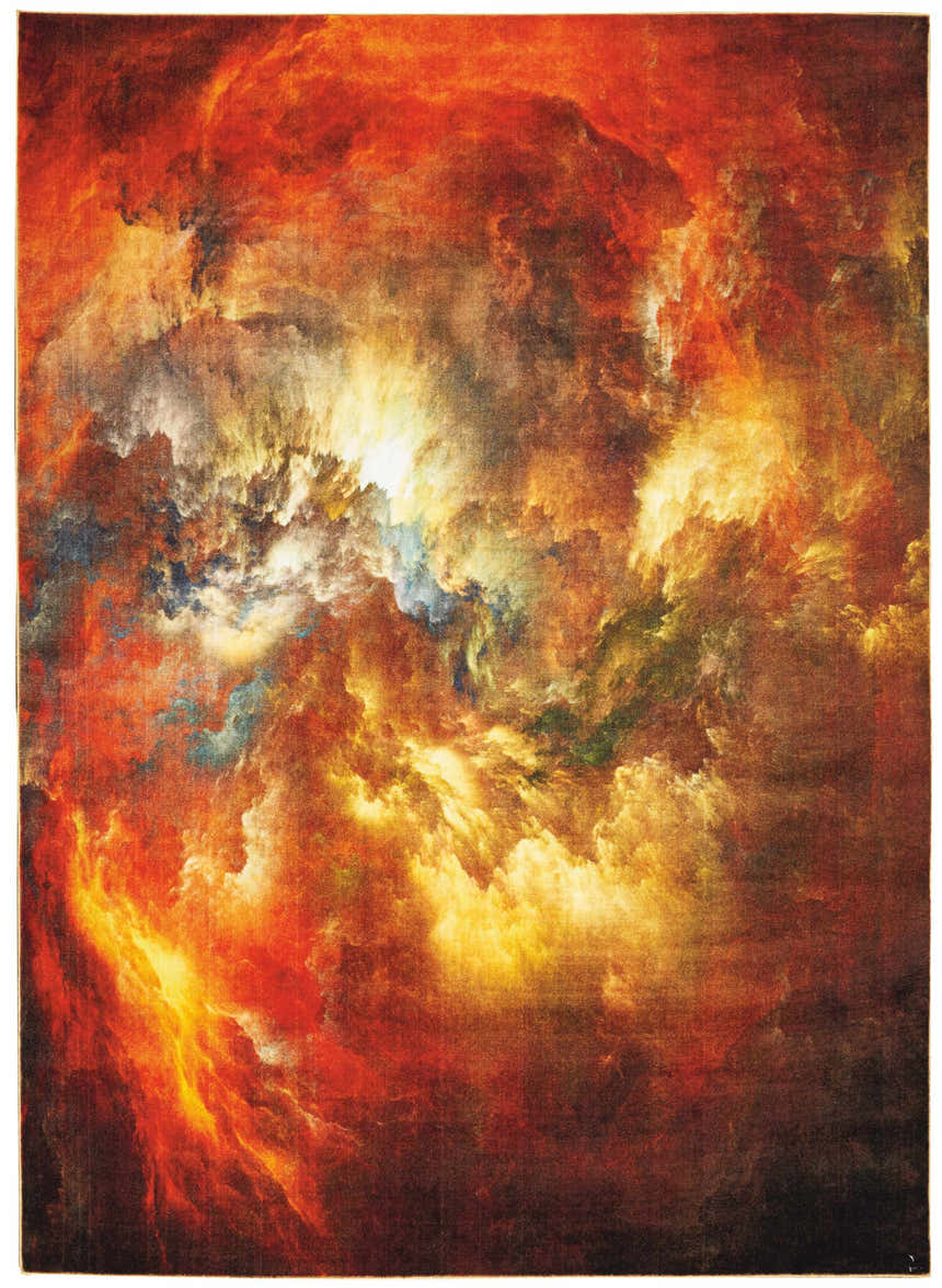 Abstract Nourison Le Reve rug in red/multicolor. Modern rectangle rug with cloud-like pattern and warm tones.