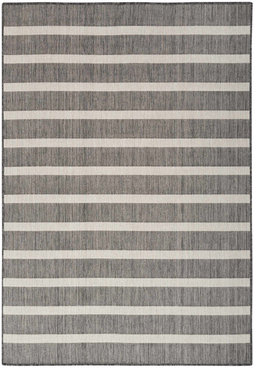 Close-up of Nourison Positano Charcoal Ivory rug showing horizontal stripes and textured weave.